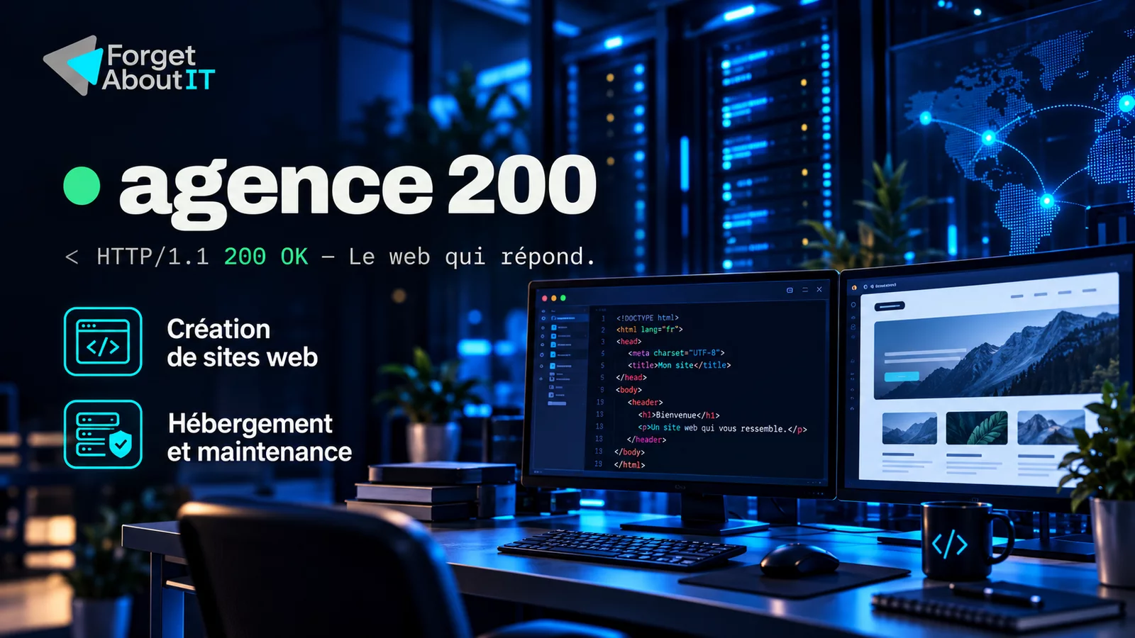 Agence 200, le web qui répond : création de sites web, hébergement et maintenance dans un environnement bleu nuit et cyan signé Forget About IT.