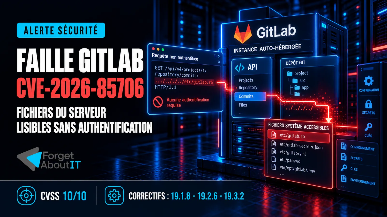 Illustration de la faille GitLab CVE-2026-85706 montrant une requête non authentifiée qui traverse un dépôt et accède à des fichiers sensibles du serveur