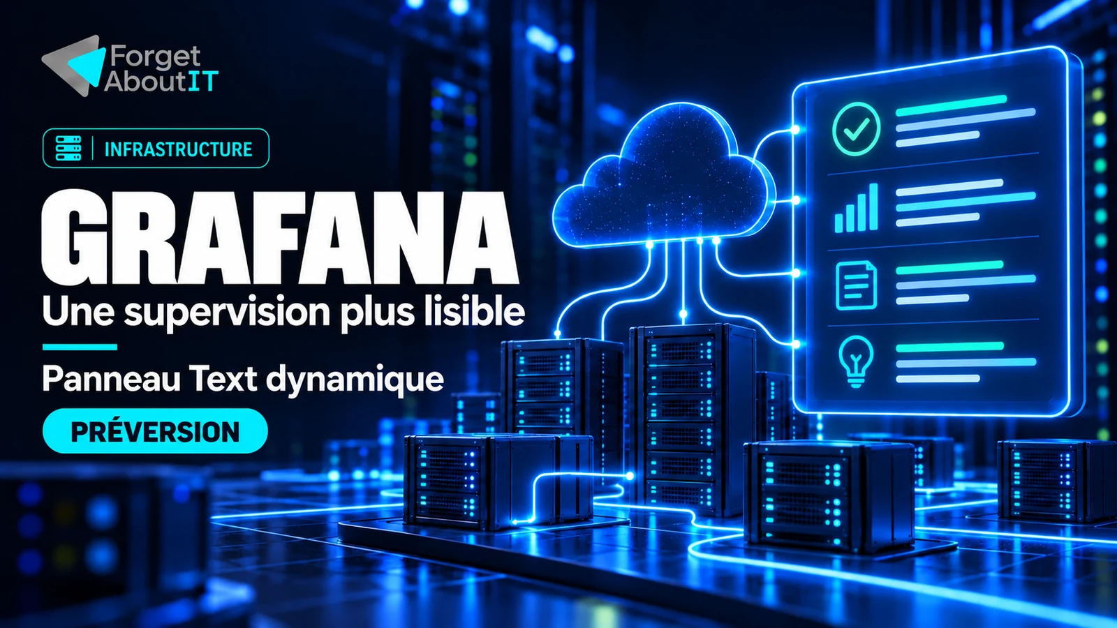 Grafana : des serveurs reliés à une synthèse visuelle de supervision, sur fond bleu nuit et cyan, avec la mention préversion.