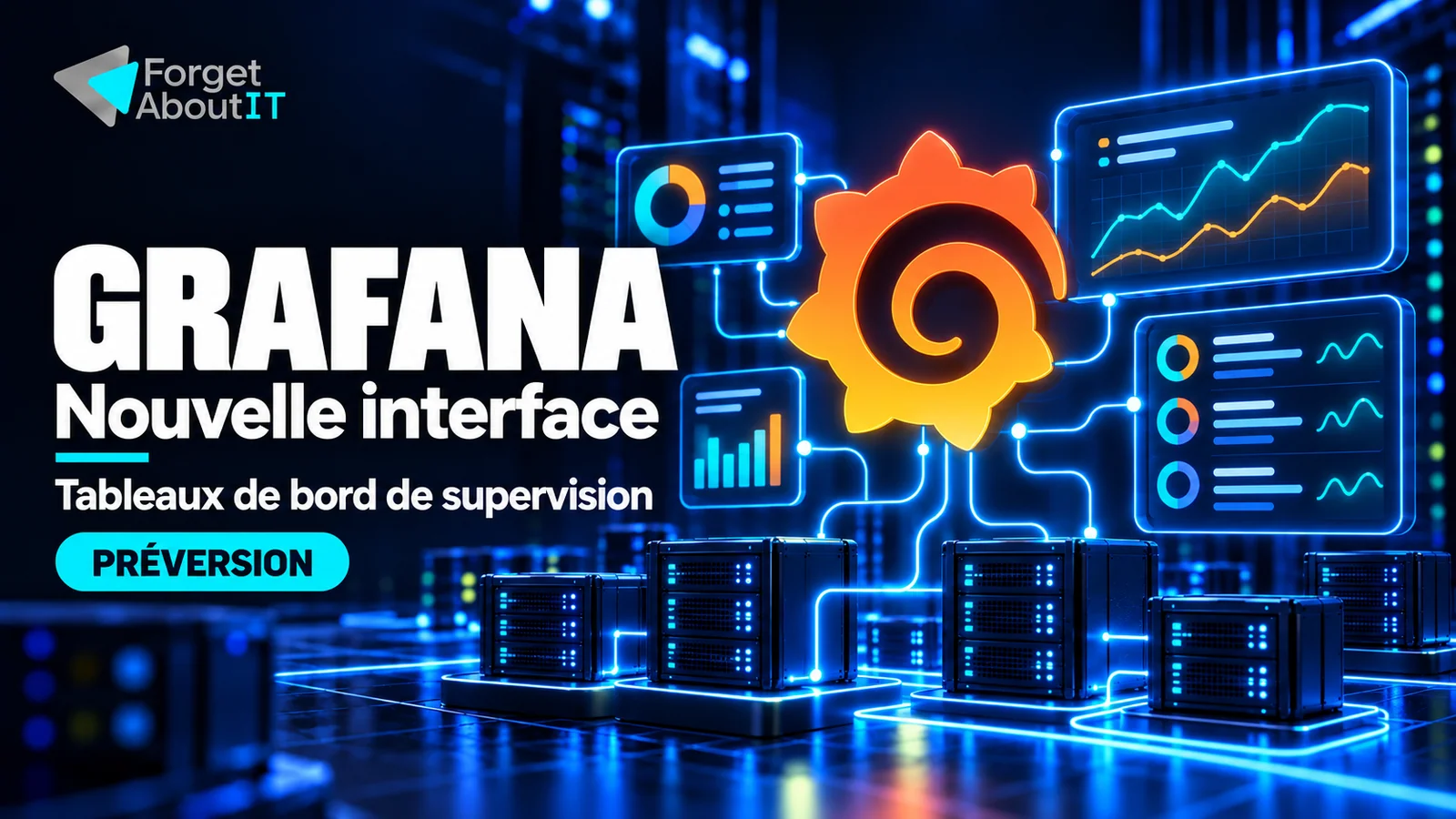 Nouvelle interface Grafana en préversion : emblème orange officiel, graphiques de supervision et serveurs sur fond bleu nuit et cyan Forget About IT.