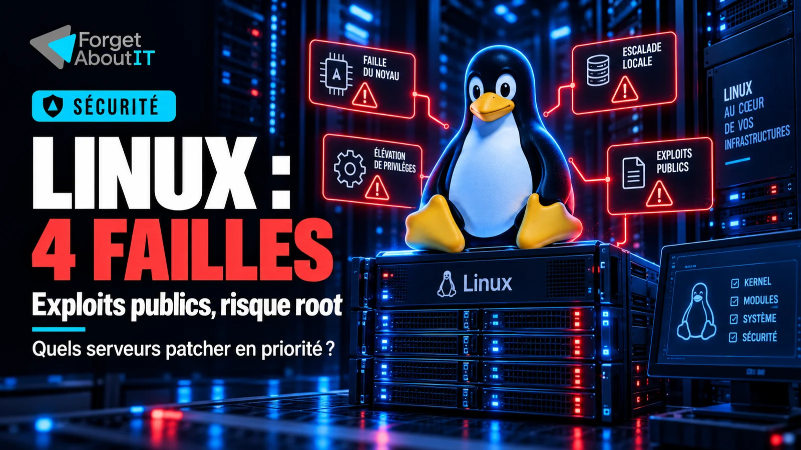Illustration de serveurs Linux et de quatre alertes de sécurité, avec le titre Linux : 4 failles, exploits publics, risque root.