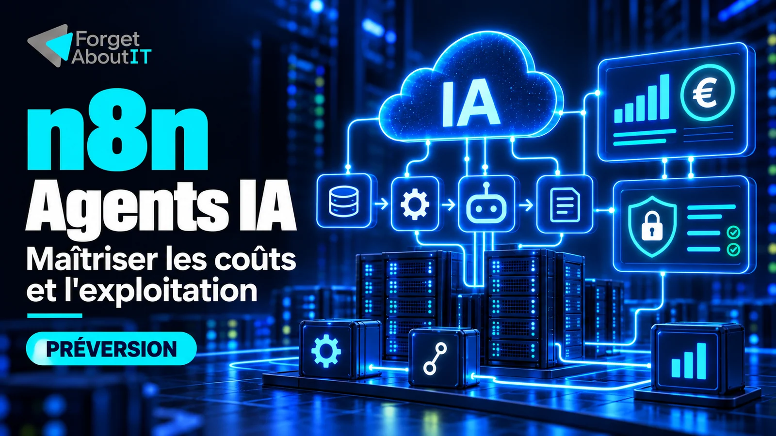 Illustration technique des agents IA n8n, du contrôle de leurs dépenses et de leur exploitation sur une infrastructure maîtrisée