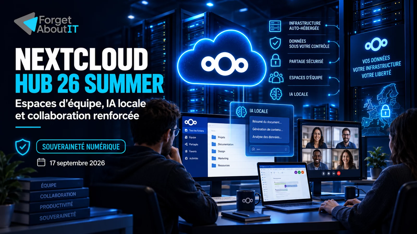 Équipe utilisant Nextcloud Hub 26 Summer, son assistant d'IA locale et ses outils collaboratifs sur une infrastructure auto-hébergée