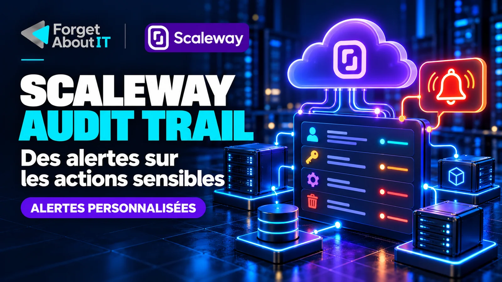 Scaleway Audit Trail : des événements d’administration cloud reliés à des alertes et à une infrastructure supervisée, avec le logo Forget About IT.