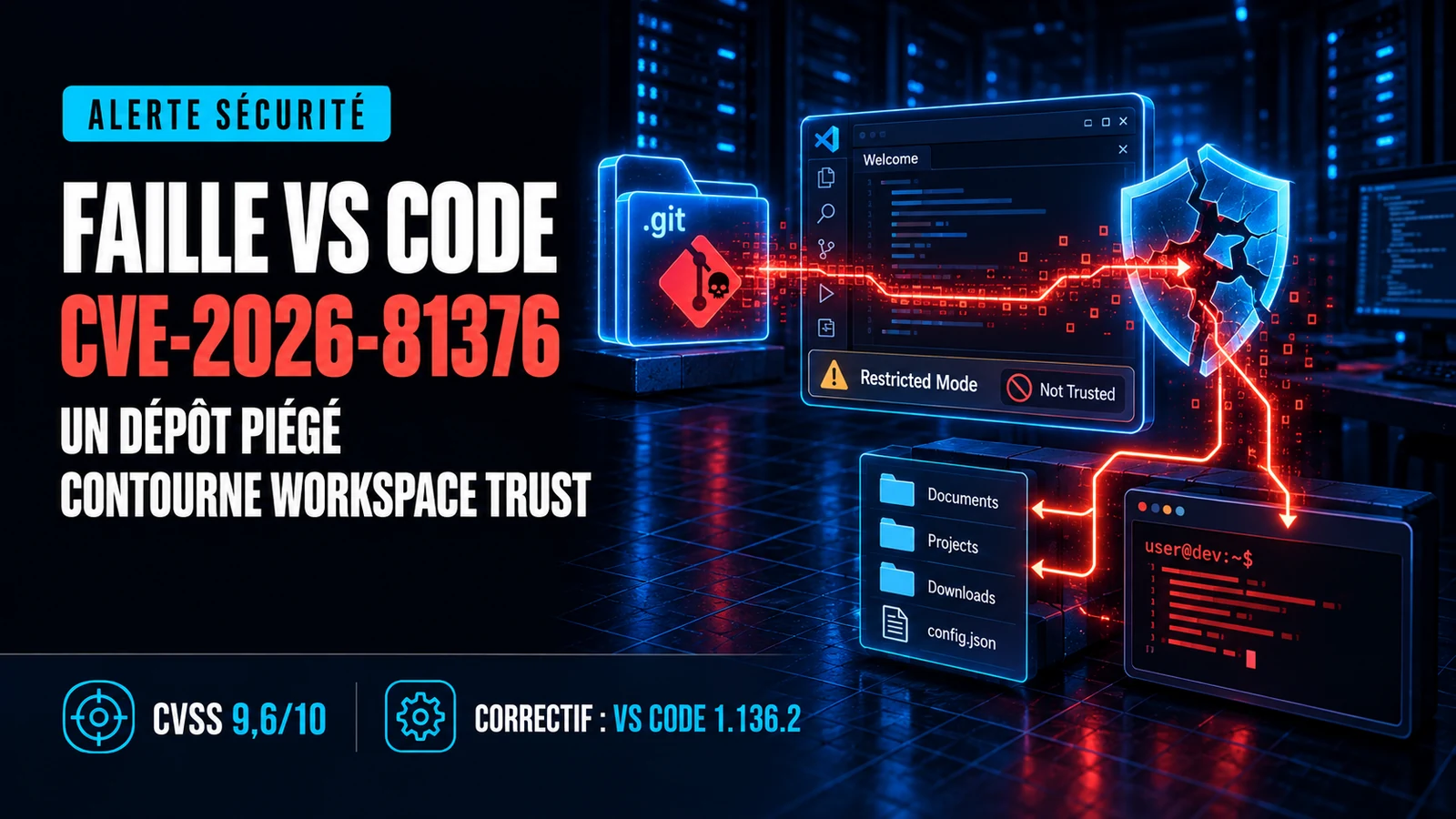 Illustration de la faille VS Code CVE-2026-81376 montrant un dépôt Git piégé qui contourne Workspace Trust et atteint les fichiers locaux