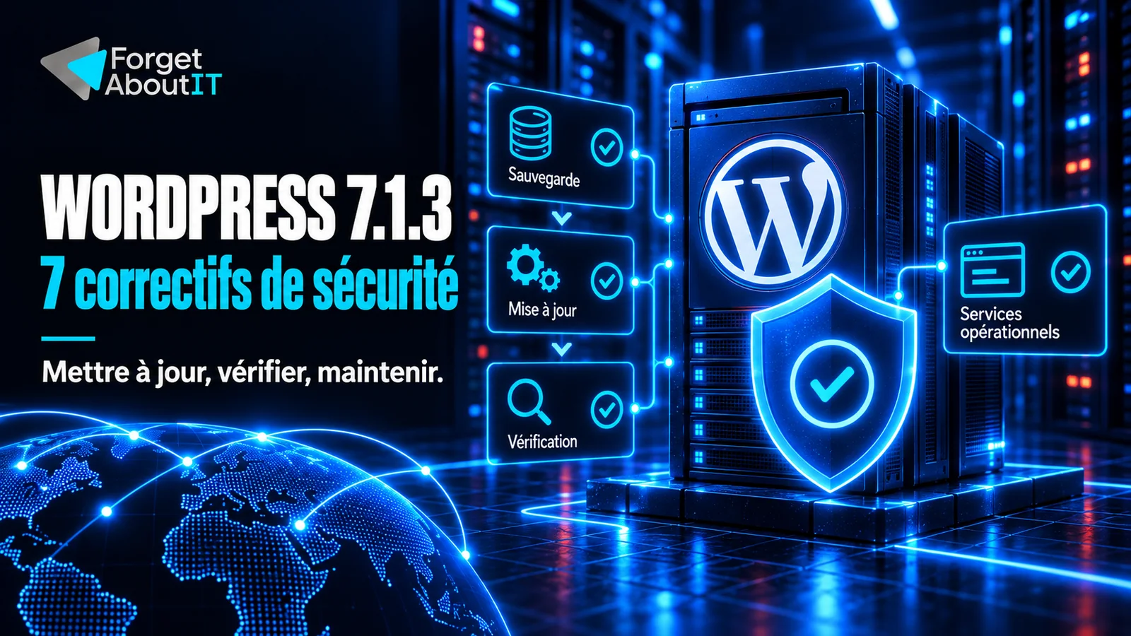 WordPress 7.1.3 : sept correctifs de sécurité et un parcours de sauvegarde, mise à jour et validation, sur fond bleu nuit et cyan.